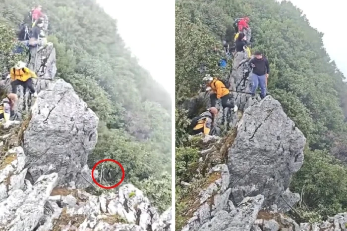 «تساؤلات حول سلامة المتسلقين» لحظة سقوط متسلق أثناء التقاط صورة على منحدر صخري